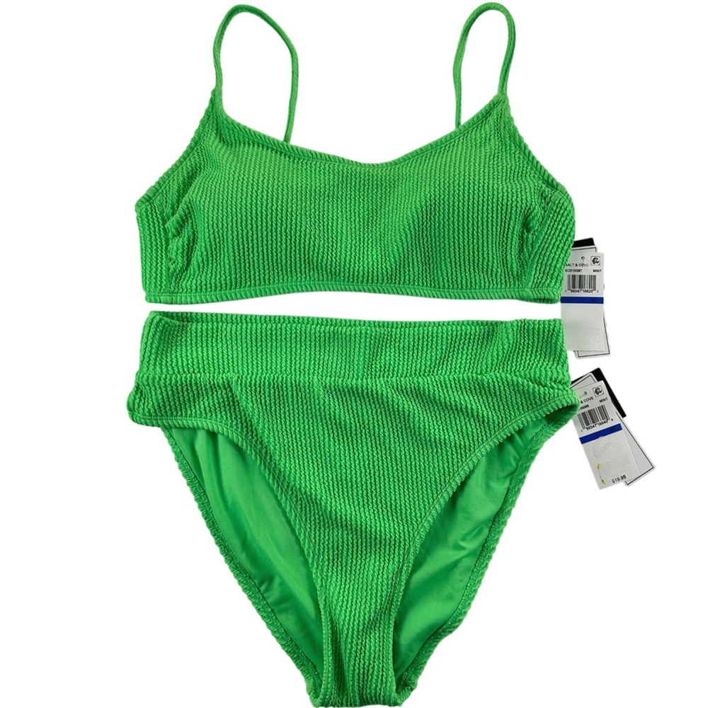 Salt + Cove Womens XL Bright Green Smocked Textured High Waist Bikini Set NEW